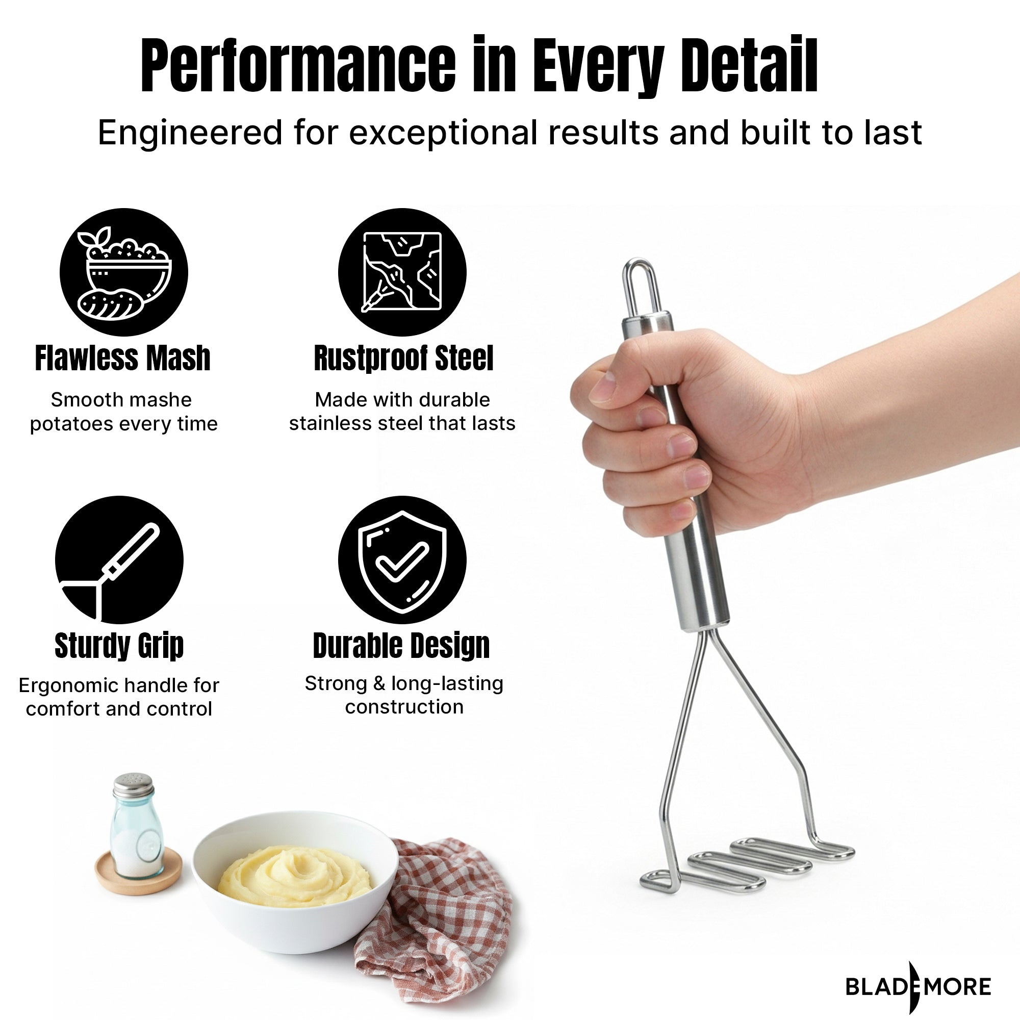 Stainless Steel Potato Masher Heavy Duty Wire Food Masher Tool for Mashed Potatoes, Avocado, Vegetables & Beans , Durable Kitchen Gadget with Comfortable Handle, Easy to Clean Dishwasher Safe