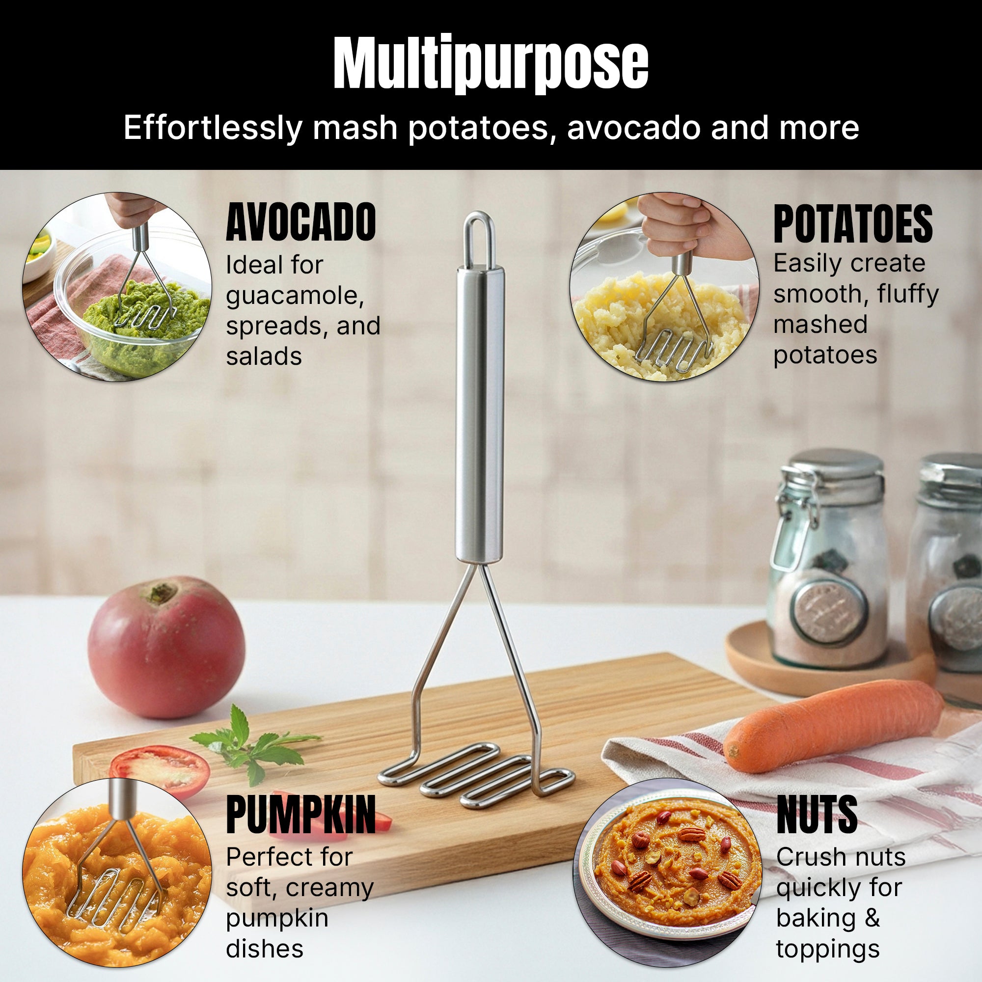 Stainless Steel Potato Masher Heavy Duty Wire Food Masher Tool for Mashed Potatoes, Avocado, Vegetables & Beans , Durable Kitchen Gadget with Comfortable Handle, Easy to Clean Dishwasher Safe